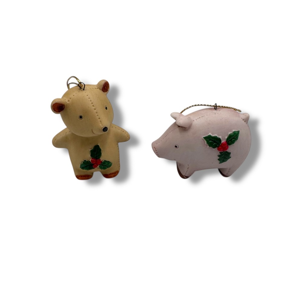 Homco Ornaments Tan Pink Vintage Ceramic Bear and Pig Holly Set of‎ 2